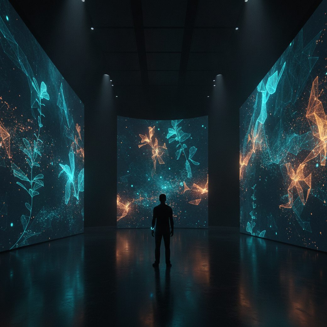 A lone visitor silhouetted against glowing generative AI rainforest imagery inside Dataland, the first AI art museum