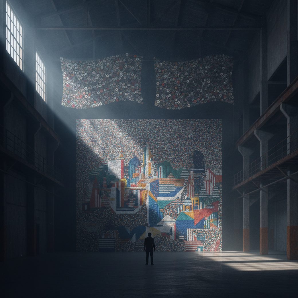 A lone visitor silhouetted before a towering warehouse mural of millions of toy bricks and button flags in Ai Weiwei Button Up