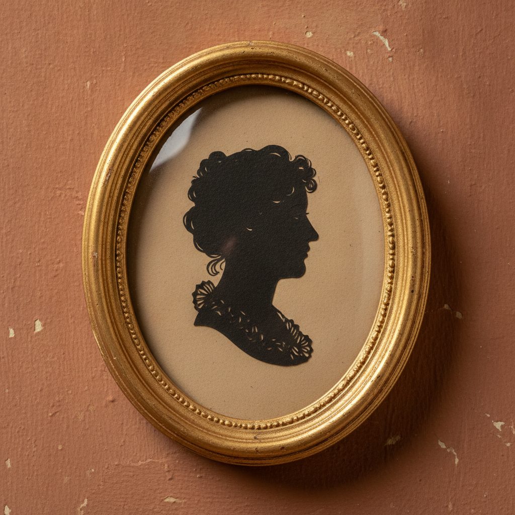 An antique Victorian black paper-cut silhouette portrait in a frame