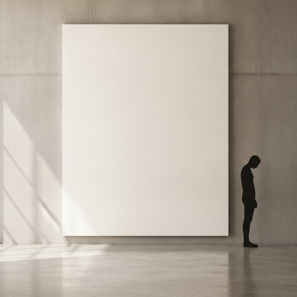 A minimalist composition with a lone dark figure at the edge of a large empty canvas