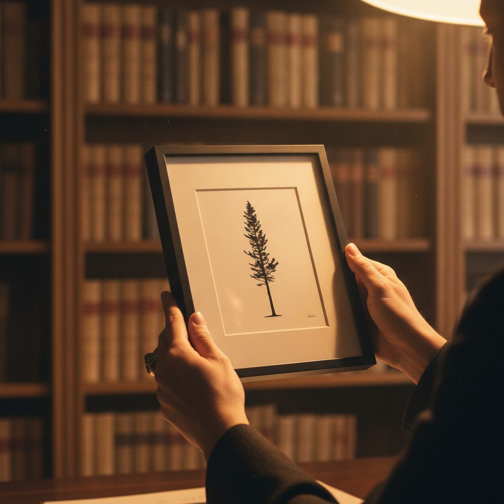 A collector's hands holding a framed minimalist silhouette artwork