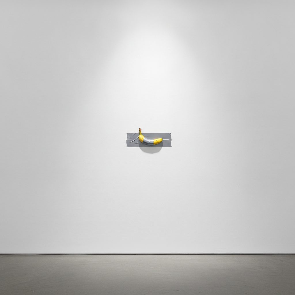 A banana duct-taped to a white gallery wall under a dramatic spotlight