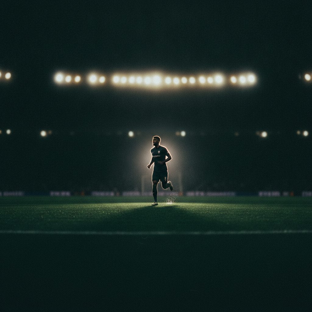 A lone footballer isolated as a silhouette against floodlit night turf