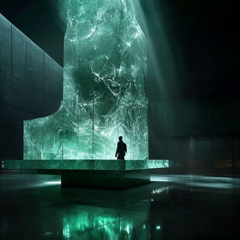 Frank Gehry Icehenge glass desk glowing in a dark skyscraper lobby with a person silhouetted beside it for scale