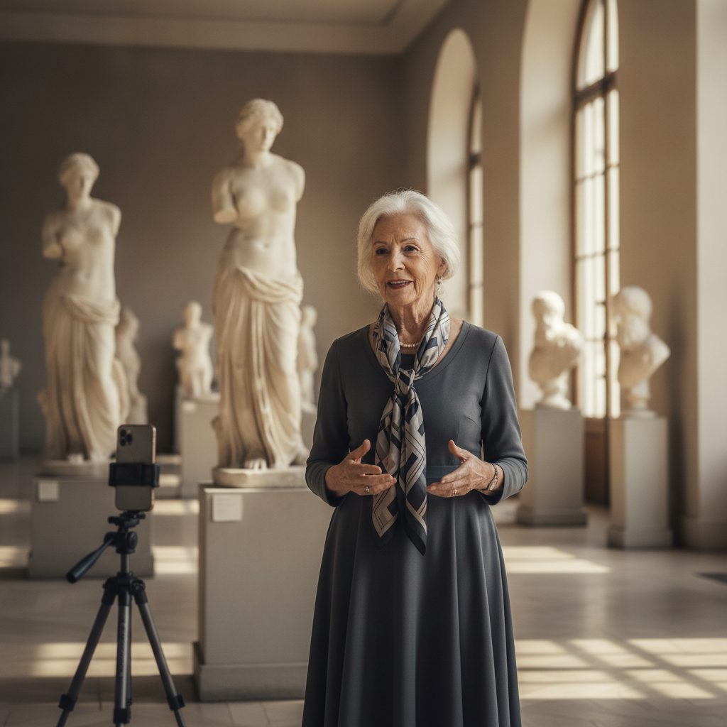 A silver-haired museum curator filmed on a phone among classical marble sculptures