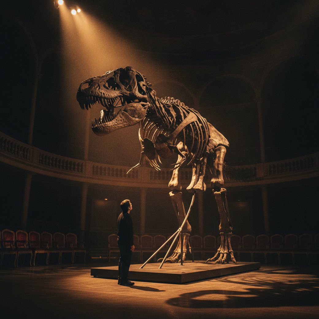 Gus the T. rex fossil skeleton towering in a dark auction gallery with a small silhouetted human figure beneath its skull