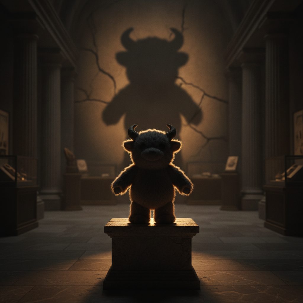 A fuzzy horned toy monster on a museum plinth backlit into a bold silhouette casting a huge shadow