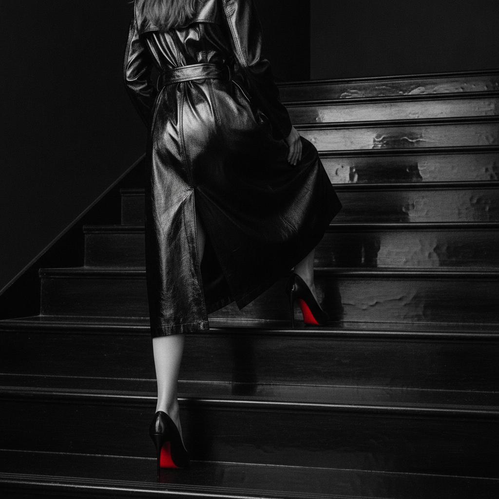 Woman in a black leather trench on a dark staircase, a single red Louboutin sole showing