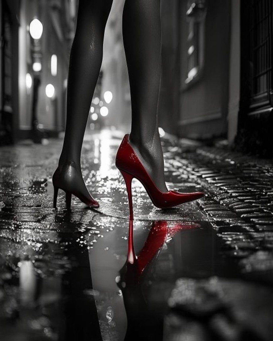 Black-and-white photograph of red stiletto heels on wet cobblestones with a red reflection