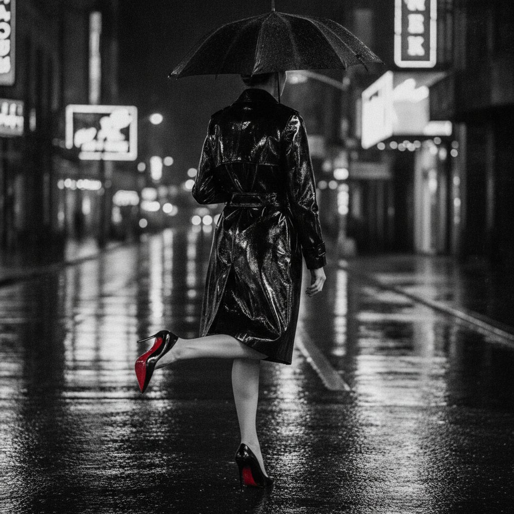 A silhouetted figure in a black patent coat on a rainy neon street, one lifted heel flashing a bright red Louboutin sole
