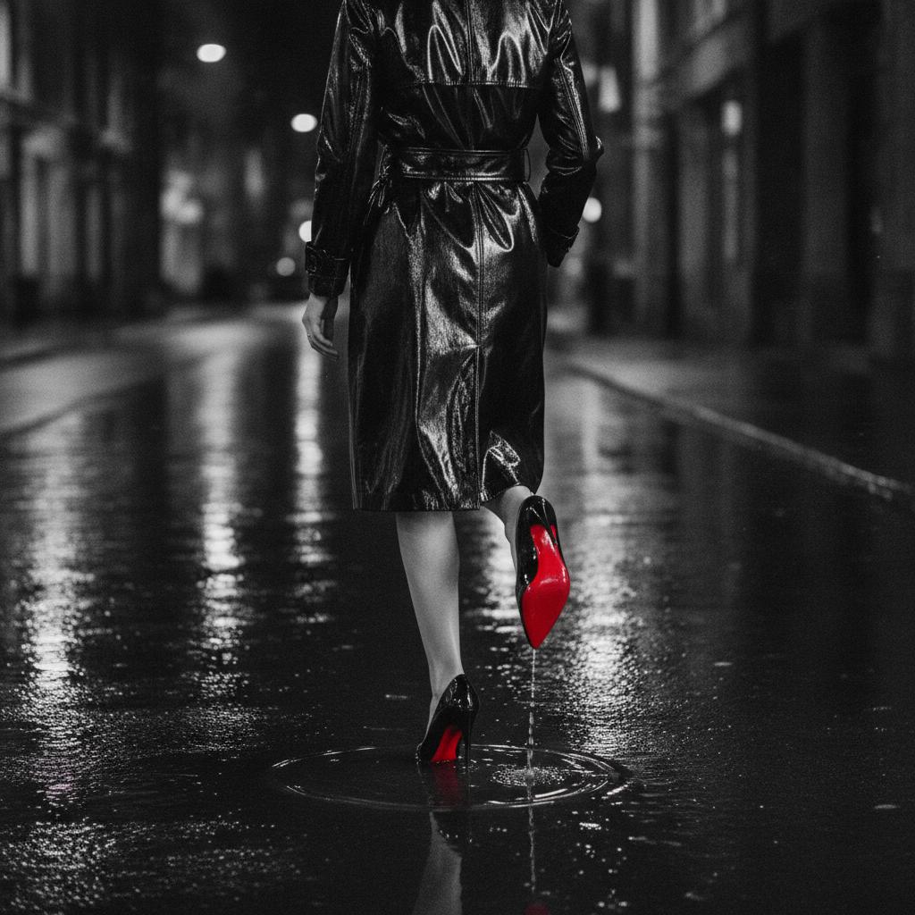 Figure in a black patent trench on a rainy night street, a single red sole showing